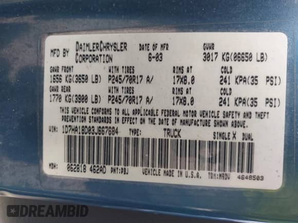 2003 Dodge 1500 ST with VIN 1D7HA18D03J667684, listed as a IAAI auction lot 42976700 with Not provided miles and . Bid and sale history available at DreamBid. Image 9.