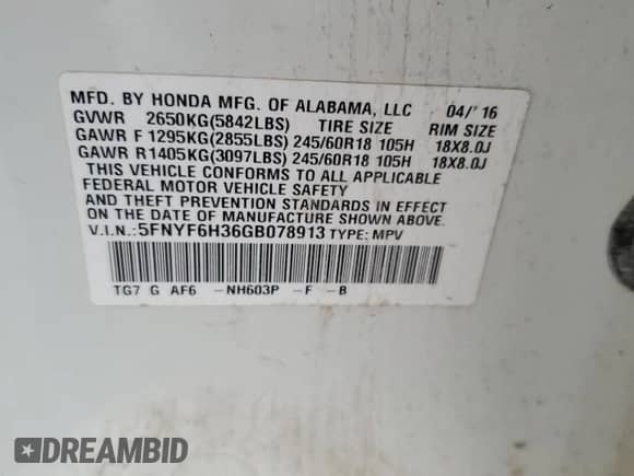 2016 Honda Pilot EX with VIN 5FNYF6H36GB078913, listed as a Copart auction lot 67571975 with Not provided miles and Clean title. Bid and sale history available at DreamBid. Image 13.