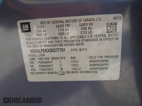 2013 Chevrolet Equinox LT with VIN 2GNALPEKXD6277791, listed as a IAAI auction lot 43111659 with 186,402 mi miles and . Bid and sale history available at DreamBid. Image 9.