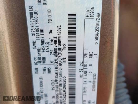 2020 Ford F-150 XL with VIN 1FTEW1C42LKD66205, listed as a Copart auction lot 80036465 with 65,325 mi miles and Salvage title. Bid and sale history available at DreamBid. Image 12.