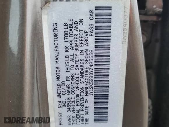 2000 Chevrolet Prizm с VIN 1Y1SK5283YZ425556, выставлен на аукционе Copart как лот 83388554 с пробегом 104 580 миль миль и Списание • Salvage title. История ставок и продаж доступна на DreamBid. Изображение 12.