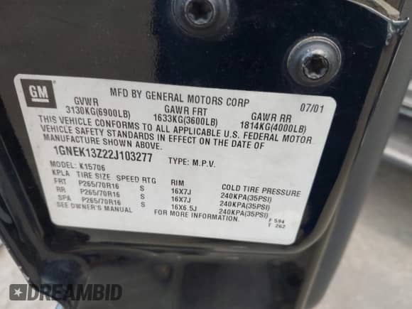 2002 Chevrolet Tahoe LT with VIN 1GNEK13Z22J103277, listed as a IAAI auction lot 42664277 with 226,144 mi miles and . Bid and sale history available at DreamBid. Image 9.