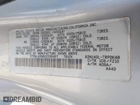 2002 Toyota Tacoma with VIN 5TENL42N62Z036467, listed as a IAAI auction lot 43538453 with Not provided miles and . Bid and sale history available at DreamBid. Image 9.