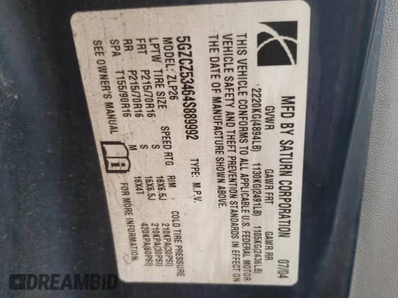 2004 Saturn VUE V6 z VIN 5GZCZ53464S889992, wystawiony jako Copart lot #75751904 z przebiegiem 219 016 mil mil oraz Czysty tytuł • Clean title. Historia ofert i sprzedaży dostępna na DreamBid. Obrazek 13.