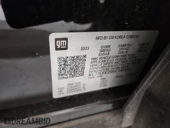 2024 Chevrolet Trax LS с VIN KL77LFE25RC140153, выставлен на аукционе Copart как лот 84625105 с пробегом Не указан миль и Списание • Salvage title. История ставок и продаж доступна на DreamBid. Изображение 12.