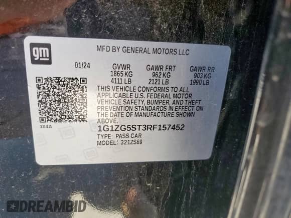 2024 Chevrolet Malibu RS с VIN 1G1ZG5ST3RF157452, выставлен на аукционе Copart как лот 66230995 с пробегом 34 723 миль миль и Чистый • Clean title. История ставок и продаж доступна на DreamBid. Изображение 12.