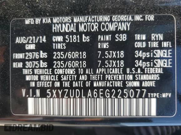 2014 Hyundai Santa Fe с VIN 5XYZUDLA6EG225077, выставлен на аукционе Copart как лот 65020565 с пробегом 166 511 миль миль и Чистый • Clean title. История ставок и продаж доступна на DreamBid. Изображение 13.