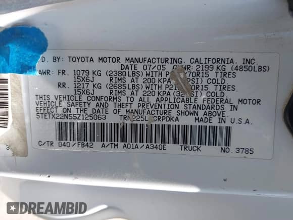 2005 Toyota Tacoma с VIN 5TETX22N55Z125063, выставлен на аукционе IAAI как лот 40357954 с пробегом 289 282 миль миль и . История ставок и продаж доступна на DreamBid. Изображение 9.
