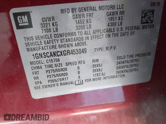 2016 Chevrolet Tahoe LS с VIN 1GNSCAKCXGR453049, выставлен на аукционе IAAI как лот 42640573 с пробегом Не указан миль и . История ставок и продаж доступна на DreamBid. Изображение 9.