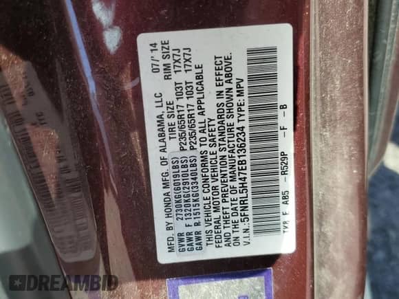 2014 Honda Odyssey EX с VIN 5FNRL5H47EB136234, выставлен на аукционе Copart как лот 80437575 с пробегом Не указан миль и Списание • Salvage title. История ставок и продаж доступна на DreamBid. Изображение 13.