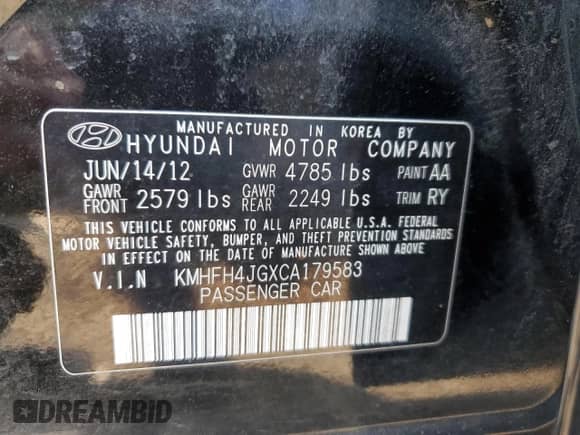 2012 Hyundai Azera с VIN KMHFH4JGXCA179583, выставлен на аукционе Copart как лот 72404454 с пробегом 68 360 миль миль и Списание • Salvage title. История ставок и продаж доступна на DreamBid. Изображение 15.