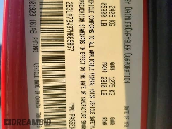 2007 Dodge Charger SRT-8 с VIN 2B3LA73W37H669857, выставлен на аукционе Copart как лот 57144425 с пробегом 169 933 миль миль и Чистый • Clean title. История ставок и продаж доступна на DreamBid. Изображение 12.