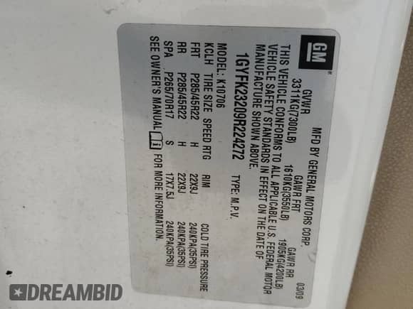 2009 Cadillac Escalade with VIN 1GYFK23209R224272, listed as a Copart auction lot 59886345 with 229,509 mi miles and Clean title. Bid and sale history available at DreamBid. Image 13.