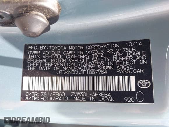 2015 Toyota Prius Four z VIN JTDKN3DU2F1887984, wystawiony jako IAAI lot #42638405 z przebiegiem 177 204 mil mil oraz . Historia ofert i sprzedaży dostępna na DreamBid. Obrazek 9.