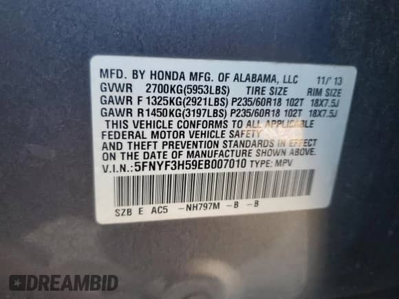 2014 Honda Pilot EX-L with VIN 5FNYF3H59EB007010, listed as a Copart auction lot 80383335 with 251,810 mi miles and Salvage title. Bid and sale history available at DreamBid. Image 13.