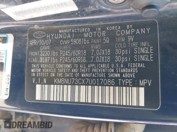2007 Hyundai Veracruz GLS z VIN KM8NU73CX7U017086, wystawiony jako IAAI lot #42817904 z przebiegiem 301 586 mil mil oraz . Historia ofert i sprzedaży dostępna na DreamBid. Obrazek 9.