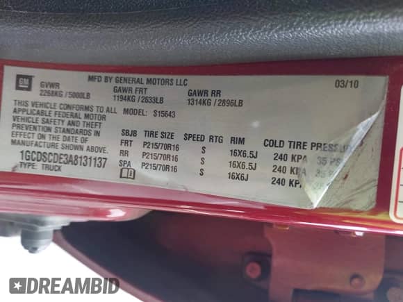 2010 Chevrolet Colorado 1LT z VIN 1GCDSCDE3A8131137, wystawiony jako IAAI lot #43435078 z przebiegiem 181 467 mil mil oraz . Historia ofert i sprzedaży dostępna na DreamBid. Obrazek 9.