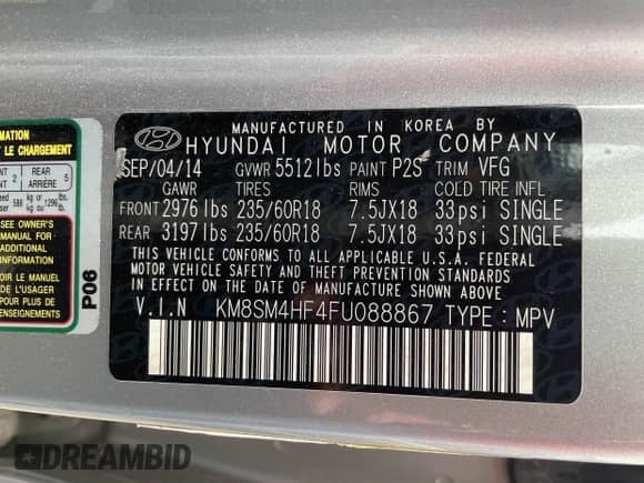 2015 Hyundai Santa Fe GLS with VIN KM8SM4HF4FU088867, listed as a IAAI auction lot 41725425 with 283,301 mi miles and . Bid and sale history available at DreamBid. Image 9.