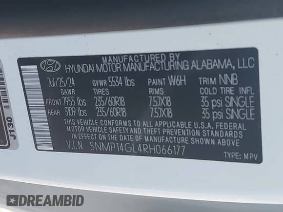 2024 Hyundai Santa Fe SE with VIN 5NMP14GL4RH066177, listed as a IAAI auction lot 42403768 with 12,305 mi miles and . Bid and sale history available at DreamBid. Image 9.