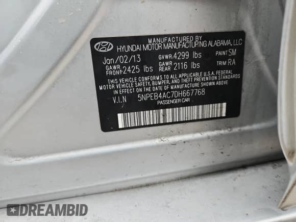 2013 Hyundai Sonata GLS z VIN 5NPEB4AC7DH667768, wystawiony jako Copart lot #84907835 z przebiegiem 169 125 mil mil oraz Czysty tytuł • Clean title. Historia ofert i sprzedaży dostępna na DreamBid. Obrazek 12.