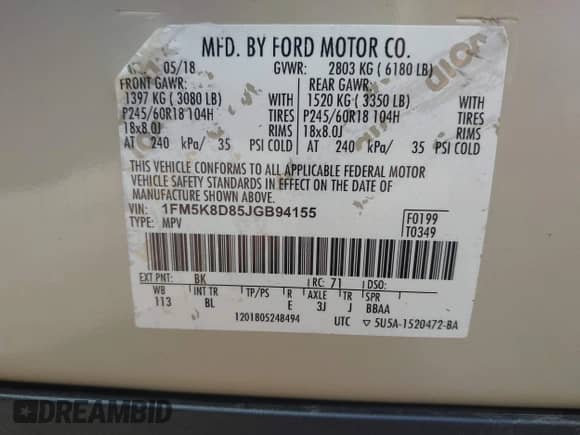 2018 Ford Explorer XLT с VIN 1FM5K8D85JGB94155, выставлен на аукционе IAAI как лот 43258496 с пробегом 135 518 миль миль и . История ставок и продаж доступна на DreamBid. Изображение 9.