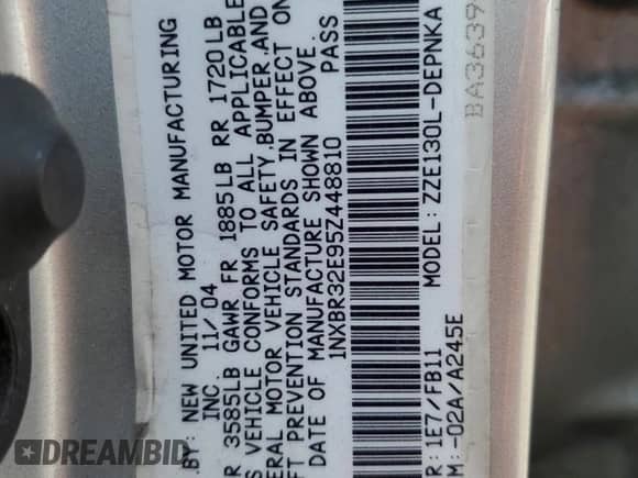 2005 Toyota Corolla LE с VIN 1NXBR32E95Z448810, выставлен на аукционе Copart как лот 87046715 с пробегом 266 757 миль миль и Списание • Salvage title. История ставок и продаж доступна на DreamBid. Изображение 13.