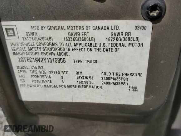2000 GMC Sierra 1500 SLE z VIN 2GTEC19V2Y1315805, wystawiony jako Copart lot #61499285 z przebiegiem 207 499 mil mil oraz Szkoda całkowita • Salvage title. Historia ofert i sprzedaży dostępna na DreamBid. Obrazek 12.