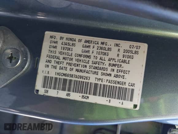 2007 Honda Accord EX-L with VIN 1HGCM66587A096263, listed as a IAAI auction lot 42807496 with Not provided miles and . Bid and sale history available at DreamBid. Image 9.
