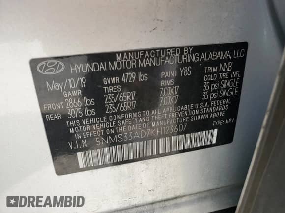 2019 Hyundai Santa Fe SEL Plus с VIN 5NMS33AD7KH123607, выставлен на аукционе Copart как лот 80538425 с пробегом 106 395 миль миль и На запчасти • Non repairable. История ставок и продаж доступна на DreamBid. Изображение 14.
