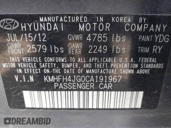2012 Hyundai Azera with VIN KMHFH4JG0CA191967, listed as a IAAI auction lot 43205528 with 56,890 mi miles and . Bid and sale history available at DreamBid. Image 9.