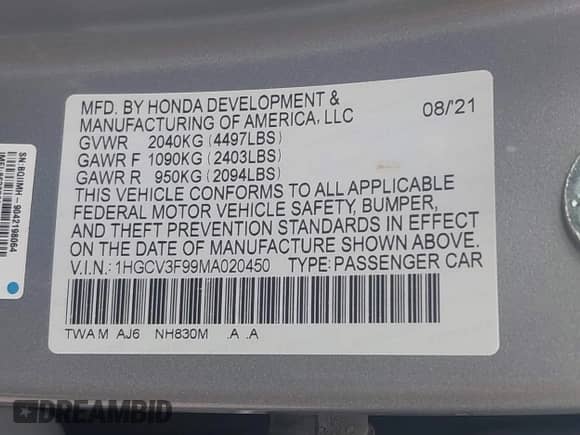 2021 Honda Accord Touring с VIN 1HGCV3F99MA020450, выставлен на аукционе IAAI как лот 42194371 с пробегом 19 206 миль миль и . История ставок и продаж доступна на DreamBid. Изображение 9.