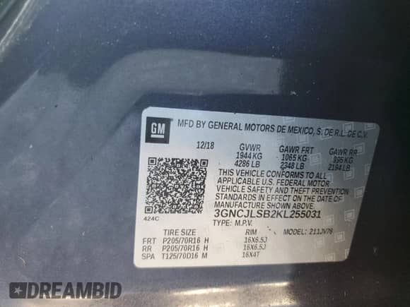 2019 Chevrolet Trax LT с VIN 3GNCJLSB2KL255031, выставлен на аукционе Copart как лот 81723874 с пробегом 39 774 миль миль и На запчасти • Non repairable. История ставок и продаж доступна на DreamBid. Изображение 13.