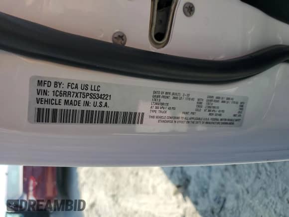2023 Ram 1500 SSV z VIN 1C6RR7XT5PS534221, wystawiony jako Copart lot #89660255 z przebiegiem Nie podano mil oraz Szkoda całkowita • Salvage title. Historia ofert i sprzedaży dostępna na DreamBid. Obrazek 12.