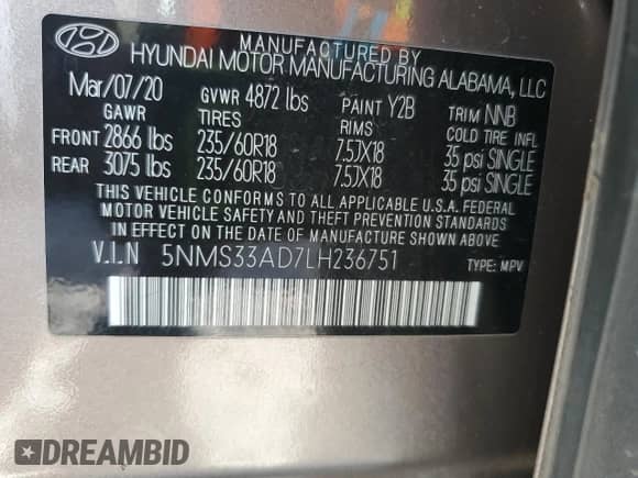 2020 Hyundai Santa Fe SEL с VIN 5NMS33AD7LH236751, выставлен на аукционе Copart как лот 84394205 с пробегом 115 990 миль миль и Списание • Salvage title. История ставок и продаж доступна на DreamBid. Изображение 13.