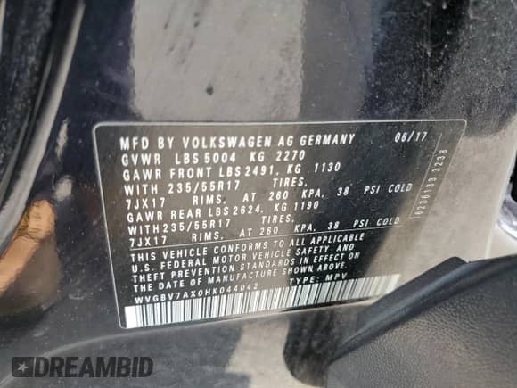 2017 Volkswagen Tiguan S с VIN WVGBV7AX0HK044042, выставлен на аукционе Copart как лот 58409385 с пробегом 127 588 миль миль и Списание • Salvage title. История ставок и продаж доступна на DreamBid. Изображение 13.