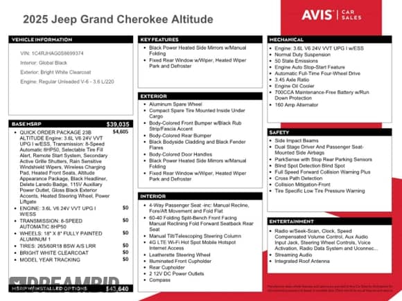 2025 Jeep Grand Cherokee Altitude z VIN 1C4RJHAG0S8699374, wystawiony jako Copart lot #81323725 z przebiegiem 5 718 mil mil oraz Nie do naprawy • Non repairable. Historia ofert i sprzedaży dostępna na DreamBid. Obrazek 13.