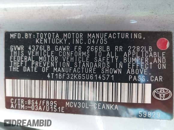 2005 Toyota Camry LE with VIN 4T1BF32K65U614571, listed as a IAAI auction lot 42328488 with 237,413 mi miles and . Bid and sale history available at DreamBid. Image 9.