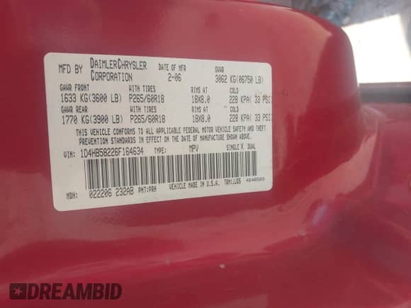 2006 Dodge Durango Limited with VIN 1D4HB58226F164634, listed as a IAAI auction lot 43356436 with 81,161 mi miles and . Bid and sale history available at DreamBid. Image 9.