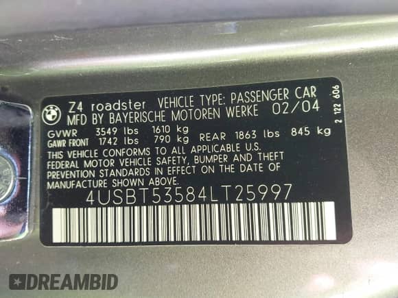 2004 BMW Z4 3.0i с VIN 4USBT53584LT25997, выставлен на аукционе IAAI как лот 41670271 с пробегом 44 954 миль миль и . История ставок и продаж доступна на DreamBid. Изображение 9.