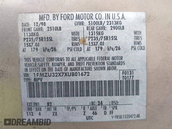 1999 Ford Explorer XL with VIN 1FMZU32X7XUB01672, listed as a IAAI auction lot 41263264 with 148,134 mi miles and . Bid and sale history available at DreamBid. Image 9.