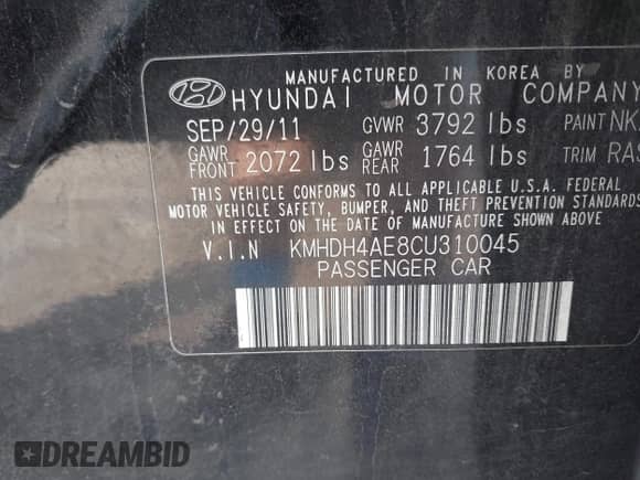 2012 Hyundai Elantra Limited with VIN KMHDH4AE8CU310045, listed as a IAAI auction lot 42498504 with 50,422 mi miles and . Bid and sale history available at DreamBid. Image 9.