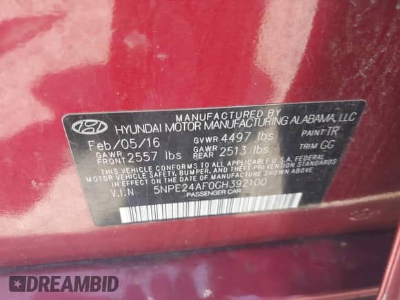 2016 Hyundai Sonata SE with VIN 5NPE24AF0GH392100, listed as a IAAI auction lot 42662425 with 164,636 mi miles and . Bid and sale history available at DreamBid. Image 9.