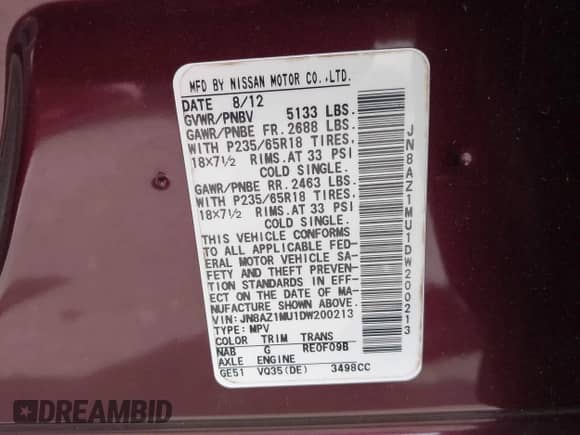2013 Nissan Murano S с VIN JN8AZ1MU1DW200213, выставлен на аукционе IAAI как лот 43355007 с пробегом 169 284 миль миль и . История ставок и продаж доступна на DreamBid. Изображение 9.