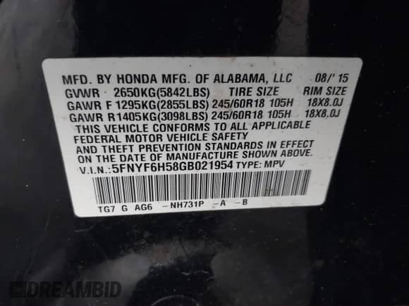 2016 Honda Pilot EX-L z VIN 5FNYF6H58GB021954, wystawiony jako IAAI lot #43057951 z przebiegiem 177 856 mil mil oraz . Historia ofert i sprzedaży dostępna na DreamBid. Obrazek 9.