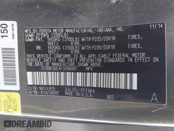 2015 Toyota Sienna Limited with VIN 5TDDK3DC4FS096867, listed as a IAAI auction lot 41451129 with 226,548 mi miles and . Bid and sale history available at DreamBid. Image 9.