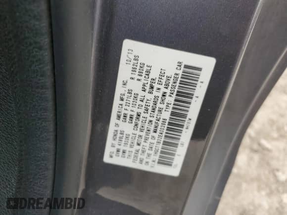 2014 Honda Accord LX-S with VIN 1HGCT1B32EA003986, listed as a Copart auction lot 46894955 with 140,514 mi miles and Salvage title. Bid and sale history available at DreamBid. Image 12.