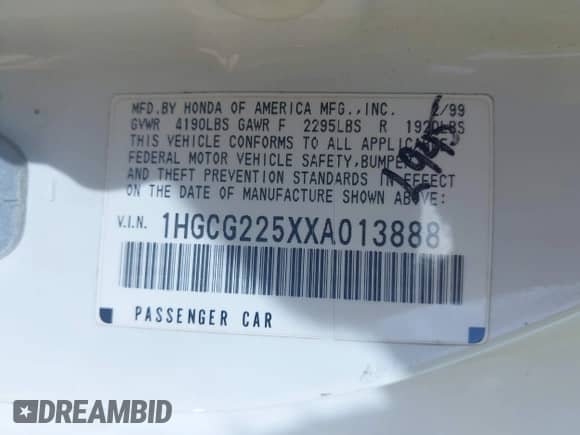 1999 Honda Accord EX with VIN 1HGCG225XXA013888, listed as a IAAI auction lot 41876194 with 258,530 mi miles and . Bid and sale history available at DreamBid. Image 9.