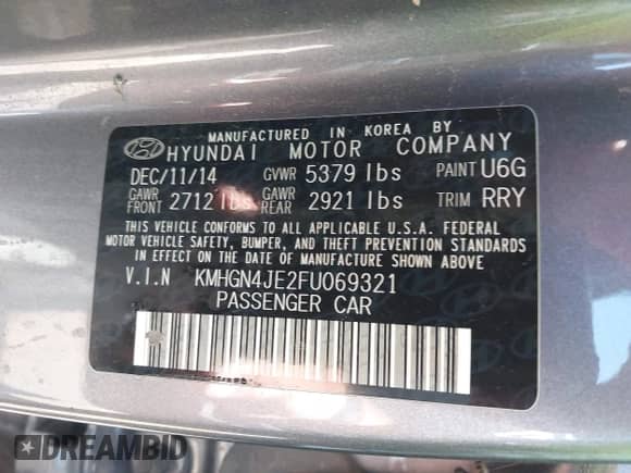 2015 Hyundai Genesis 3.8L с VIN KMHGN4JE2FU069321, выставлен на аукционе IAAI как лот 42614787 с пробегом 181 734 миль миль и . История ставок и продаж доступна на DreamBid. Изображение 9.