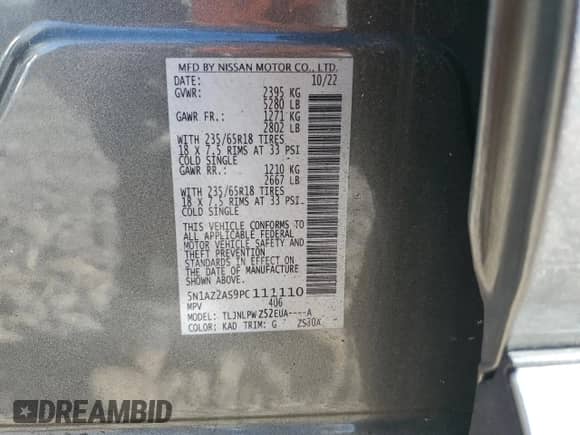 2023 Nissan Murano S with VIN 5N1AZ2AS9PC111110, listed as a Copart auction lot 49353495 with 22,722 mi miles and Salvage title. Bid and sale history available at DreamBid. Image 14.