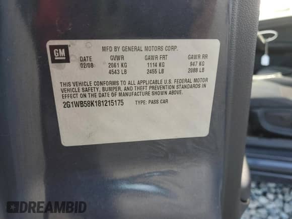 2008 Chevrolet Impala LS с VIN 2G1WB58K181215175, выставлен на аукционе Copart как лот 85109685 с пробегом 199 908 миль миль и Списание • Salvage title. История ставок и продаж доступна на DreamBid. Изображение 13.